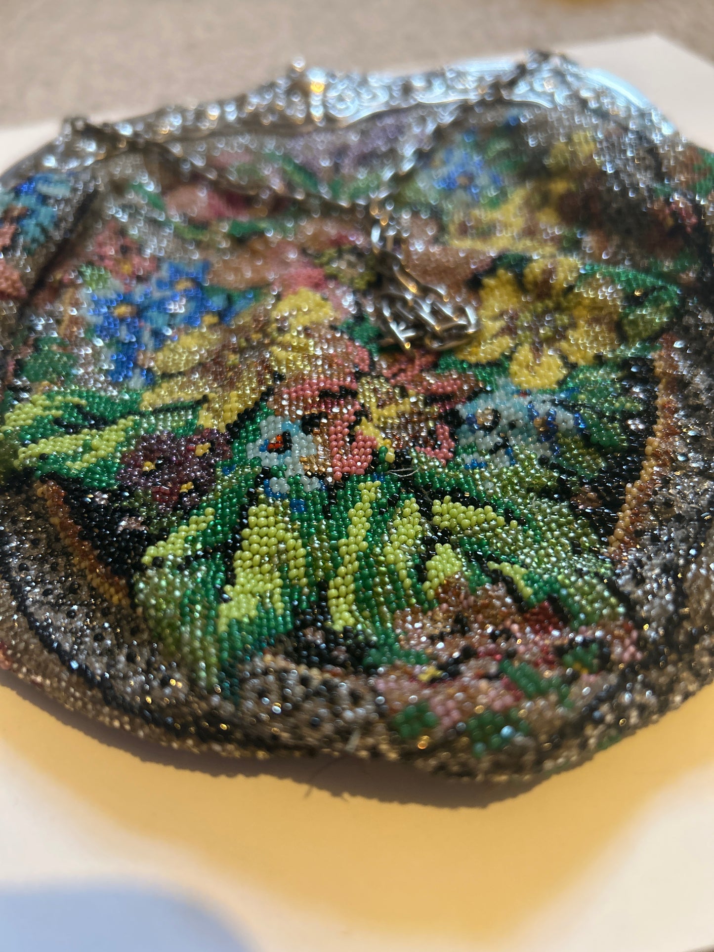 Large Antique Victorian Beaded Handbag With Silver Marked 800 On Frame