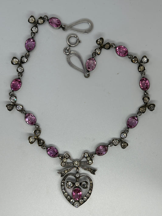 Antique Pink And Clear Paste Necklace Dating  1900. Marked 900