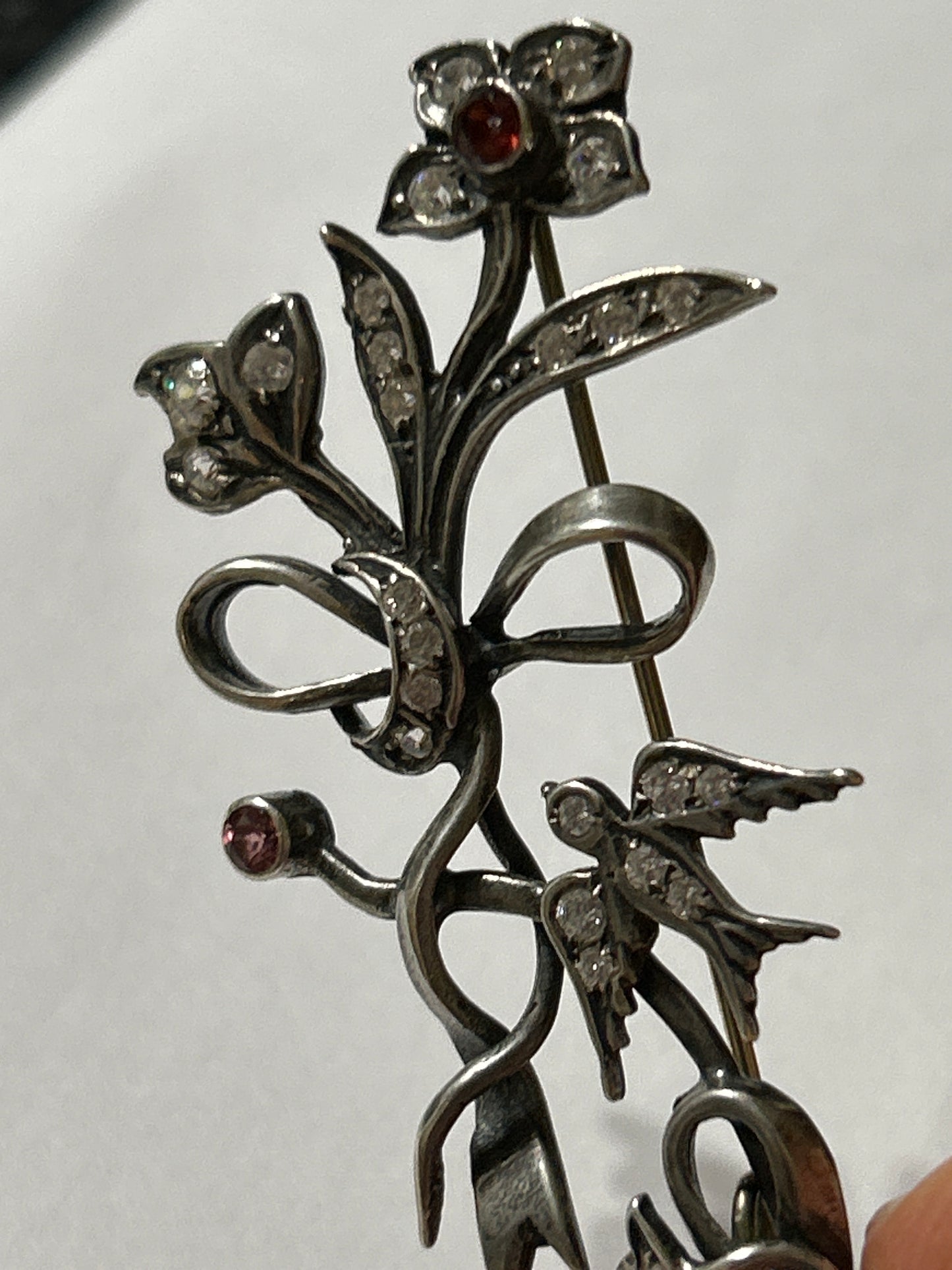 Antique Edwardian Silver Brooch With Swallow. Garnet & Paste Stones.