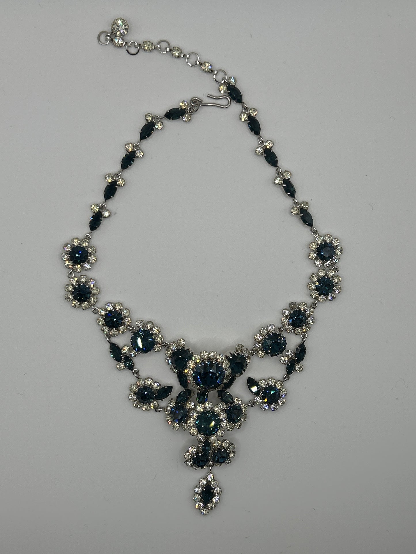 Vintage blue sapphire coloured crystal and clear paste stone statement bib necklace.
