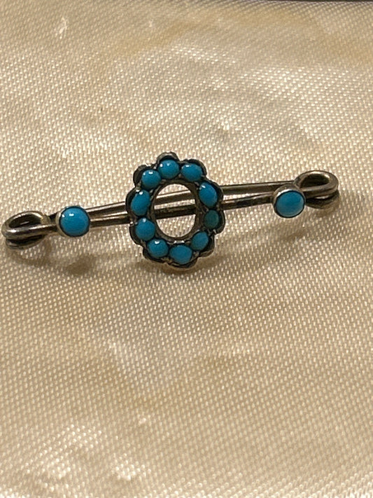 Small Silver with Turquoise stones antique brooch.