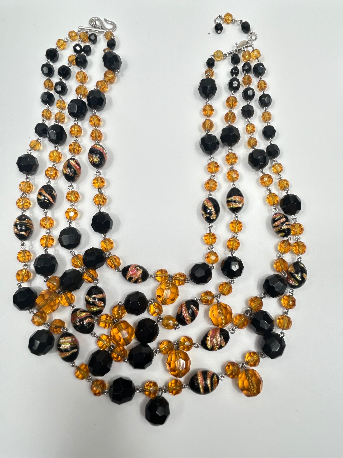 Vintage 1960s Christian Dior Glass Beads Layered Necklace. Amber coloured & Black.