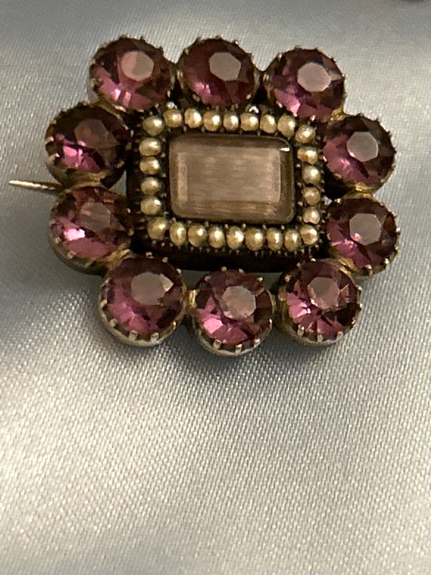 Georgian, Amethyst Paste, Seed Pearl, Plaited Hair Gold fill Mourning Brooch