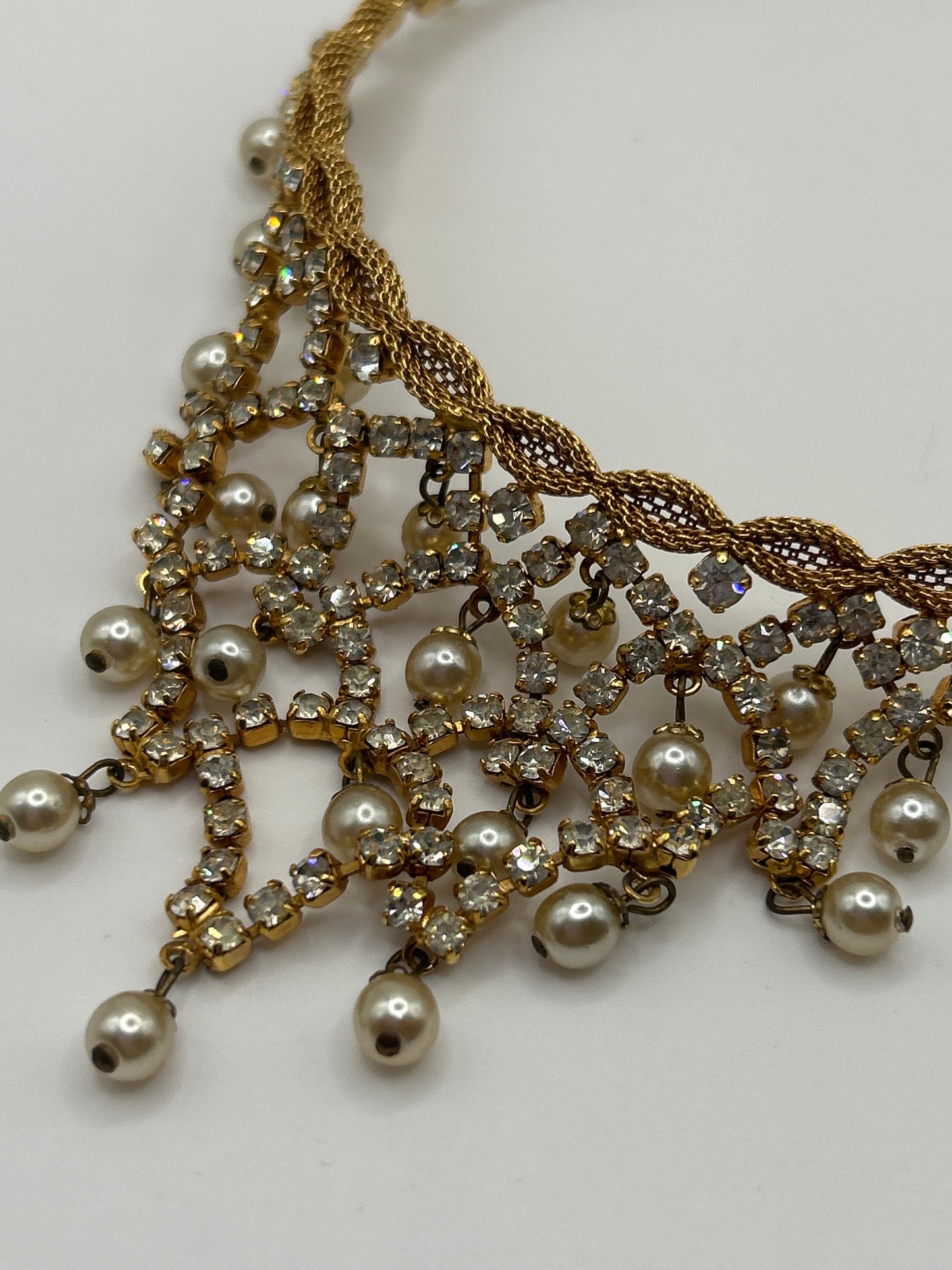 Vintage Christian Dior Crystal Pearl Bib Necklace gold Plated Rare Statement