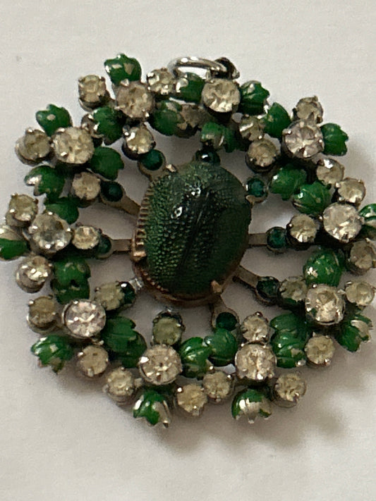 Rare Antique Victorian Scarab beetle enamel flower pendant With Crystals.