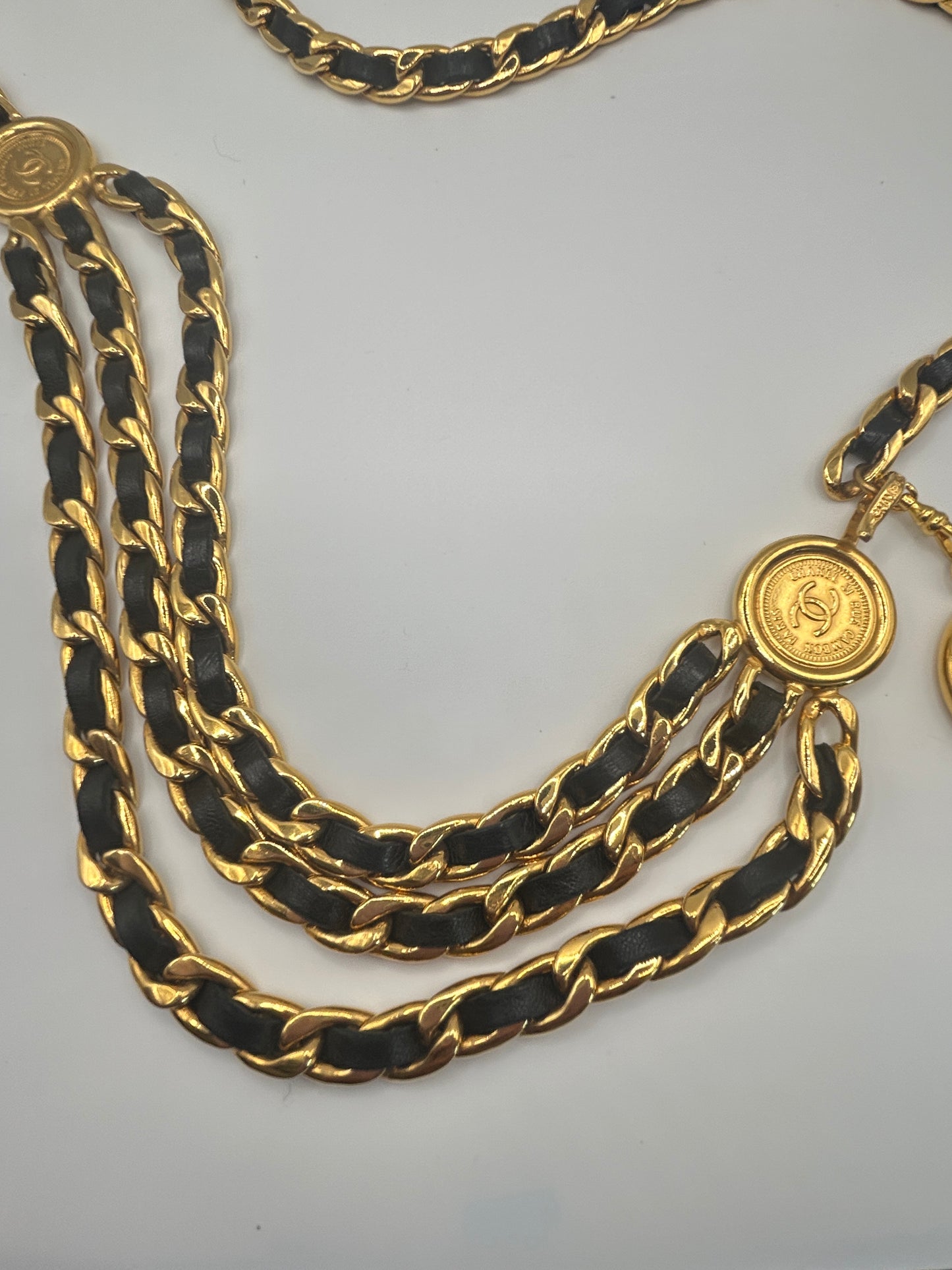 Chanel Vintage Black And Gold Chain Belt Gold Medallions iconic. Autumn 1994
