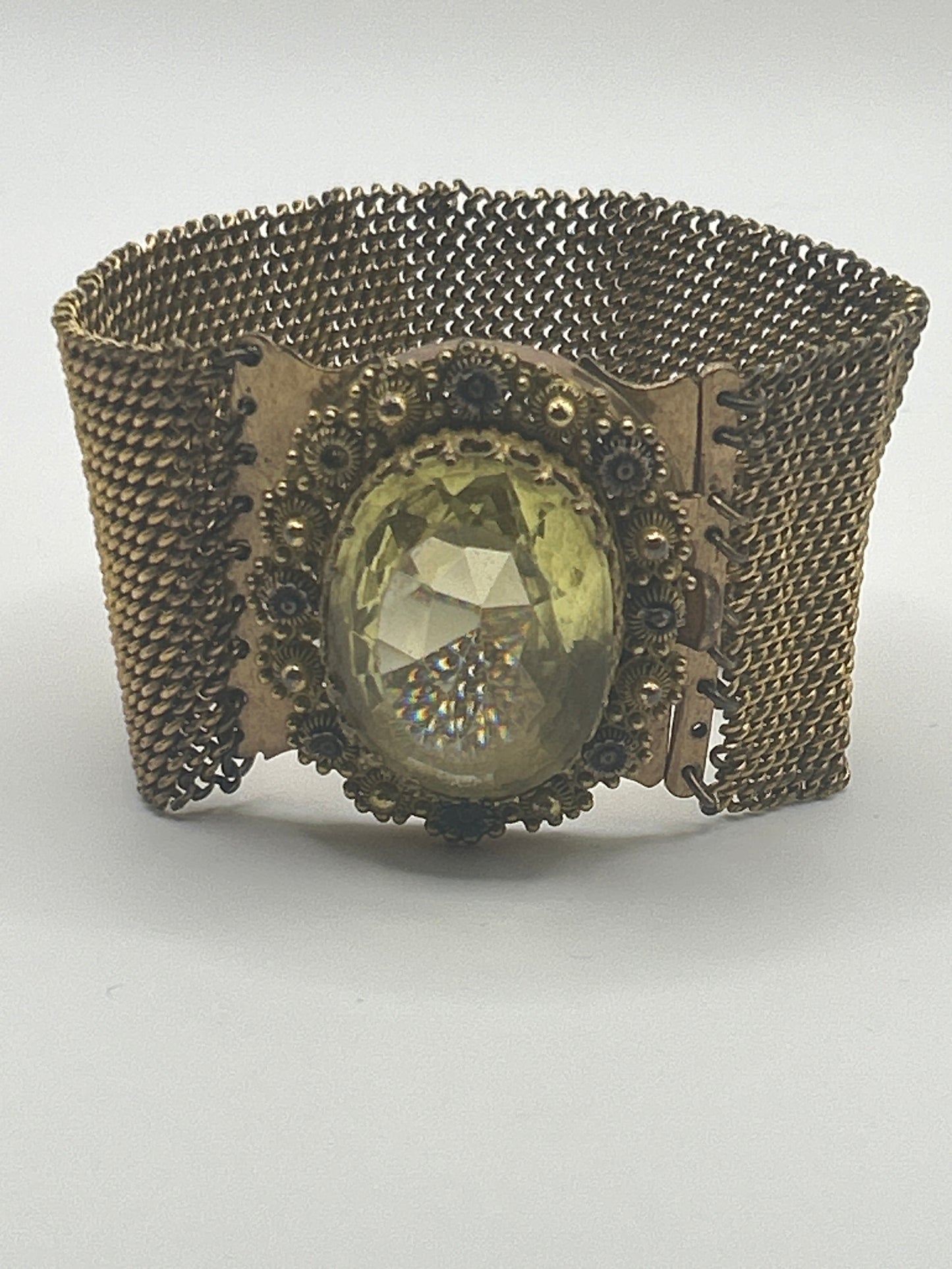 Antique Victorian Etruscan Mesh Pinchbeck Bracelet Paste Citrine.