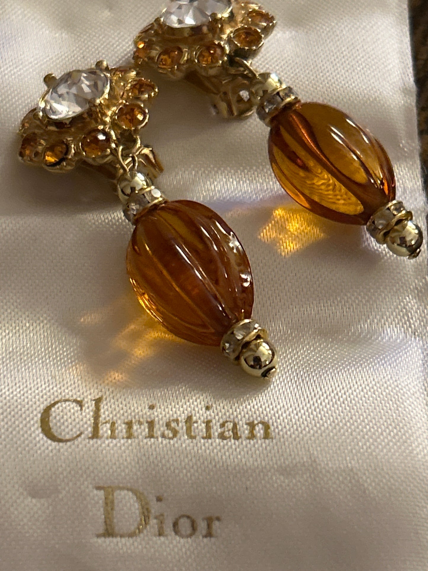 Christian Dior amber coloured glass drop earrings