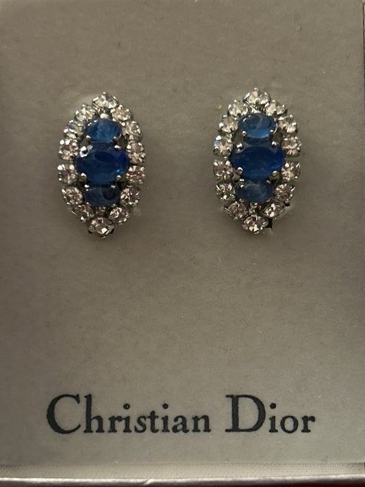 Stunning Blue glass and paste Christian Dior vintage clip on earrings. Dated 1973