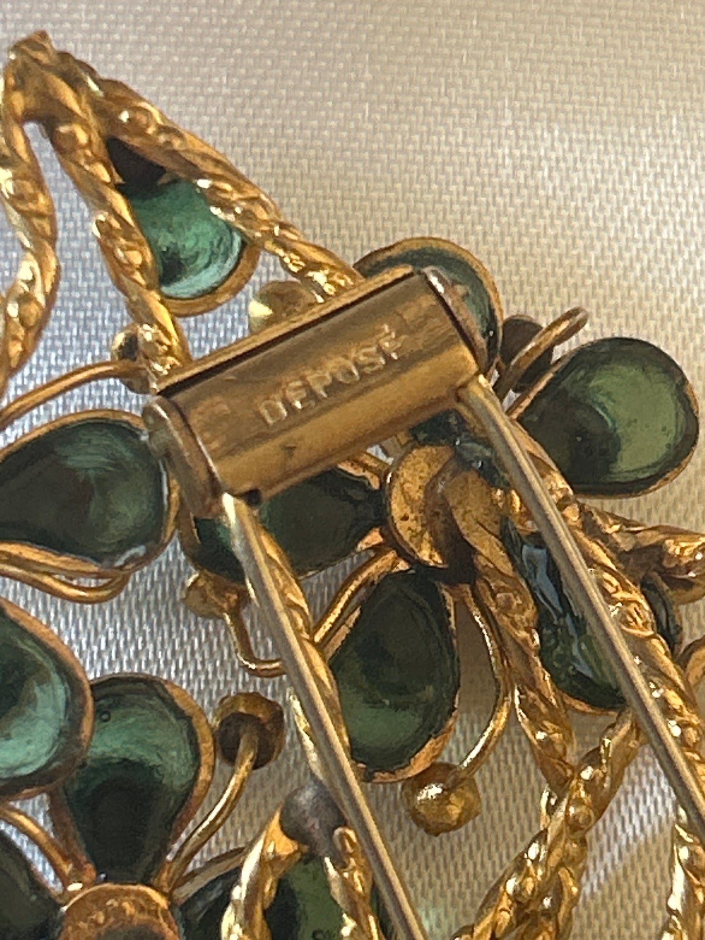 French Gripox Vintage fur clip Signed Depose Crystal Stones Gold Tone. Floral spray