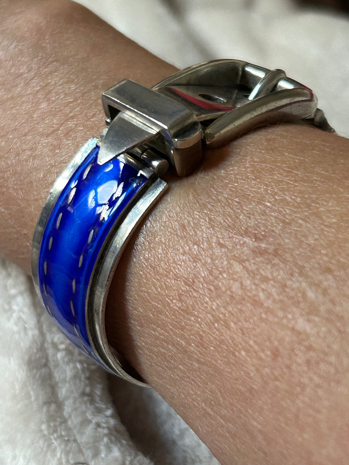 Vintage 1970 Rare Gucci Silver 925 Blue Enamel Buckle Belt Bracelet