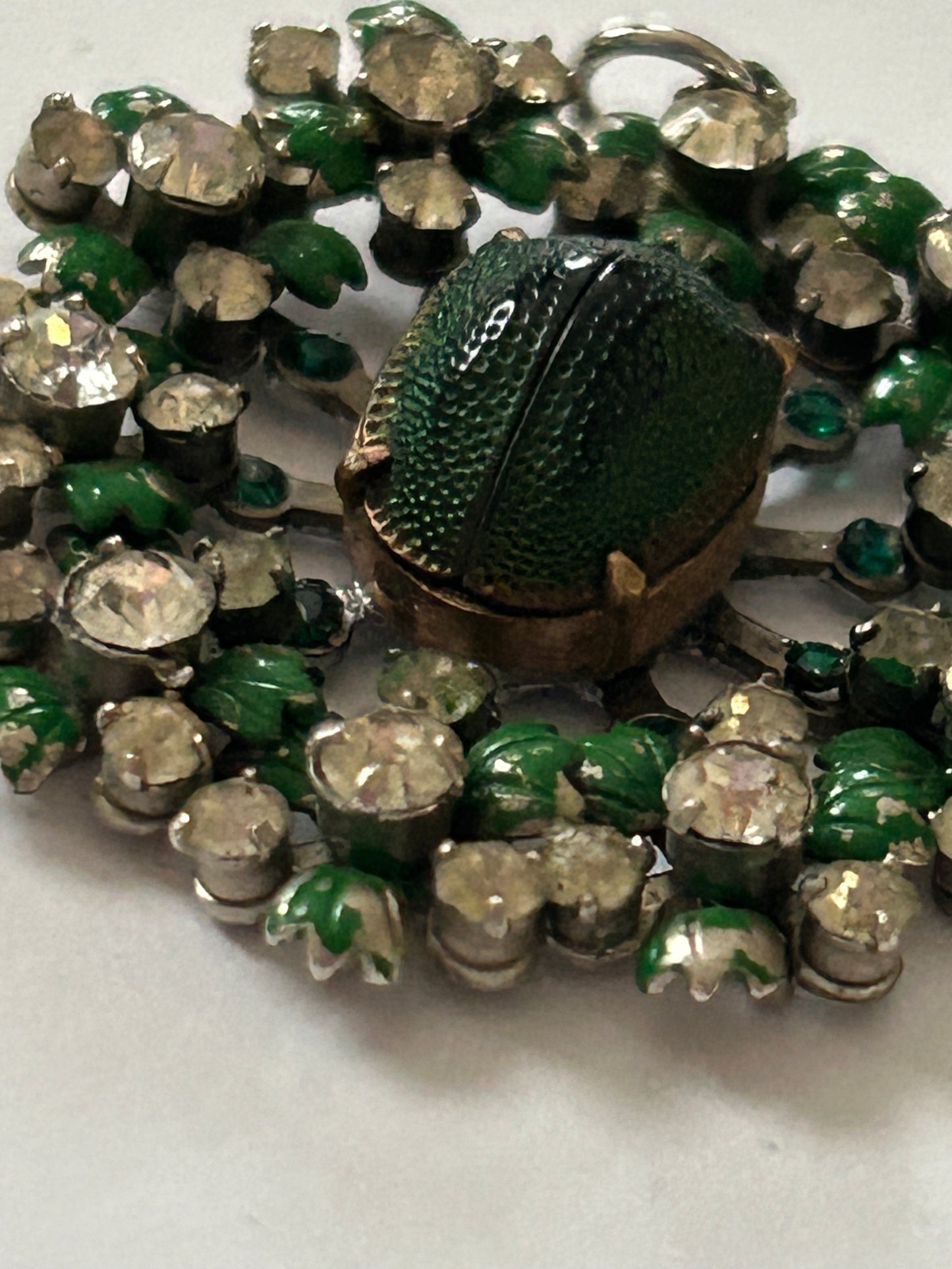 Rare Antique Victorian Scarab beetle enamel flower pendant With Crystals.