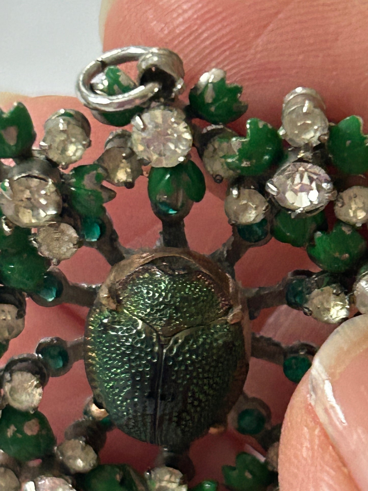 Rare Antique Victorian Scarab beetle enamel flower pendant With Crystals.