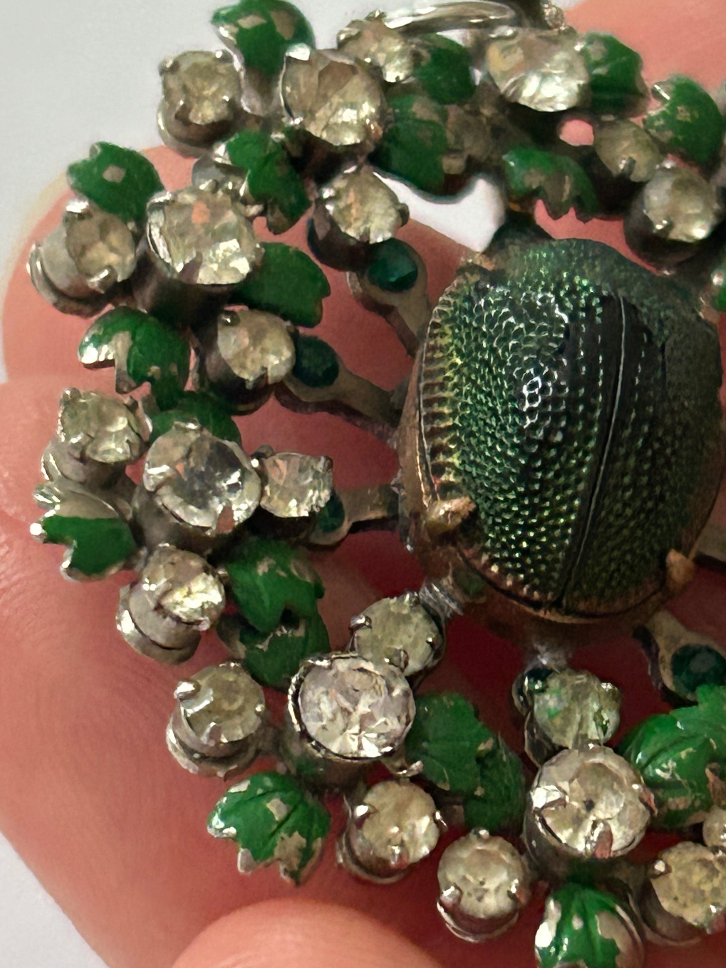 Rare Antique Victorian Scarab beetle enamel flower pendant With Crystals.