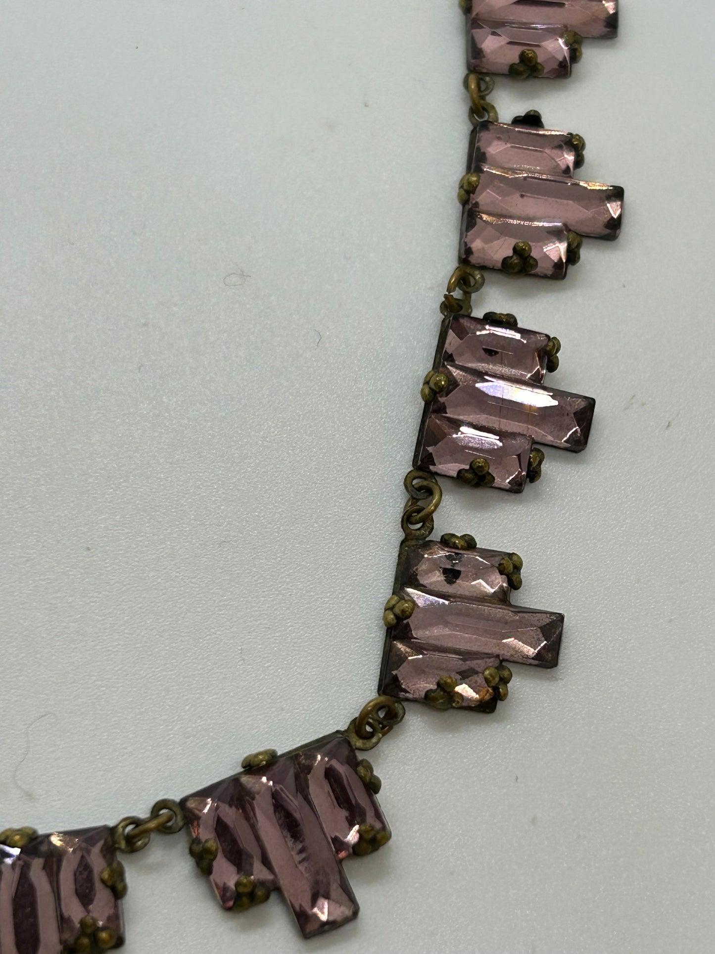Antique Art Deco pink Vauxhall mirror glass necklace.