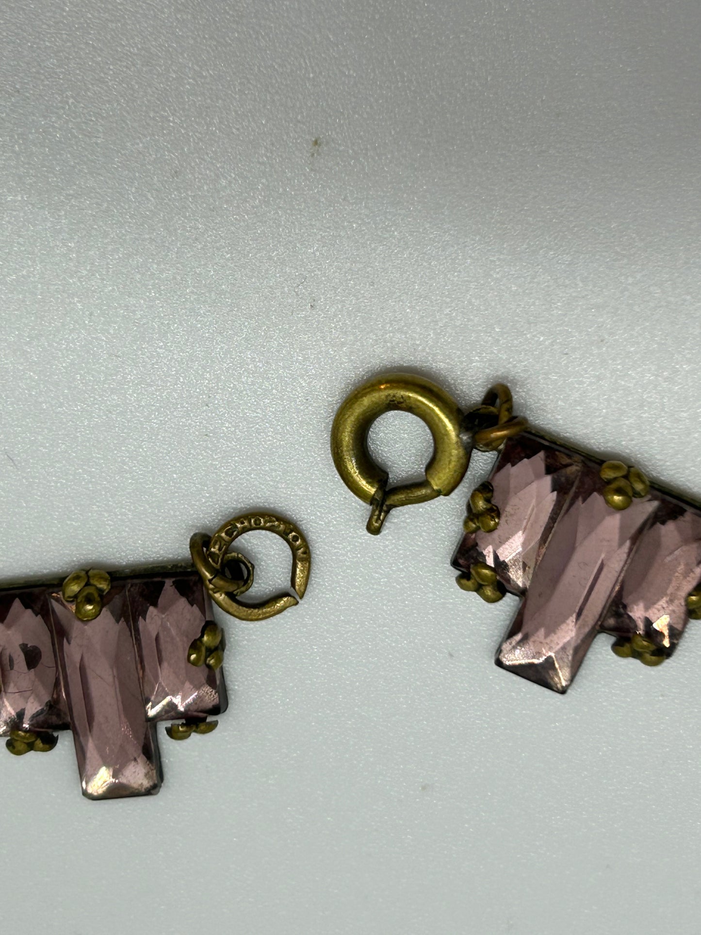 Antique Art Deco pink Vauxhall mirror glass necklace.