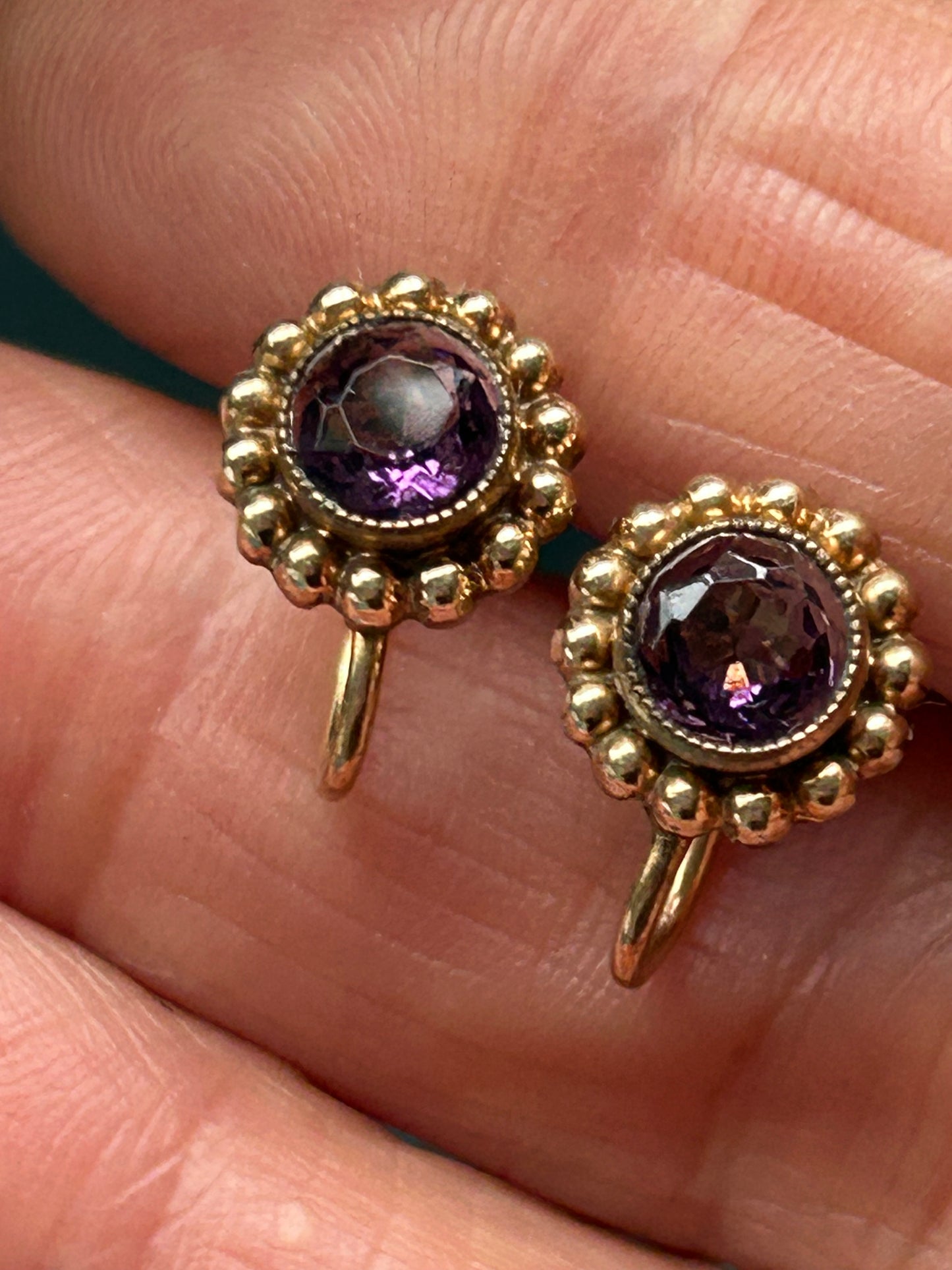 Vintage Amethyst Rolled Gold Screwback Stud Earrings