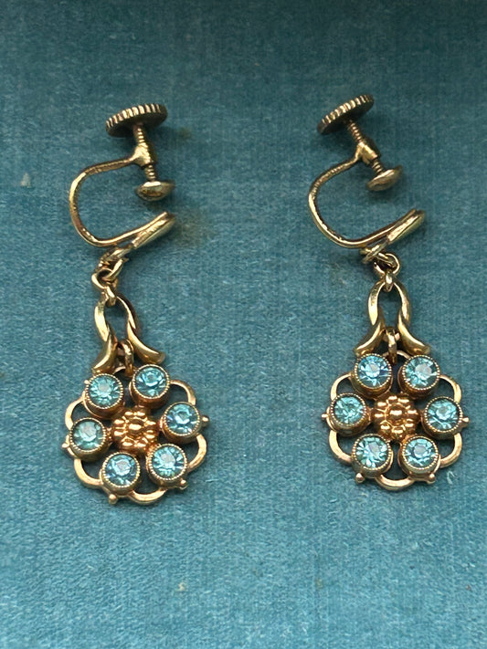 Vintage Rolled Gold Blue Paste Flower Drop Earrings German
