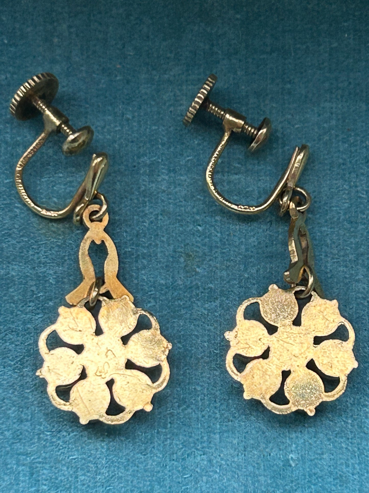 Vintage Rolled Gold Blue Paste Flower Drop Earrings German
