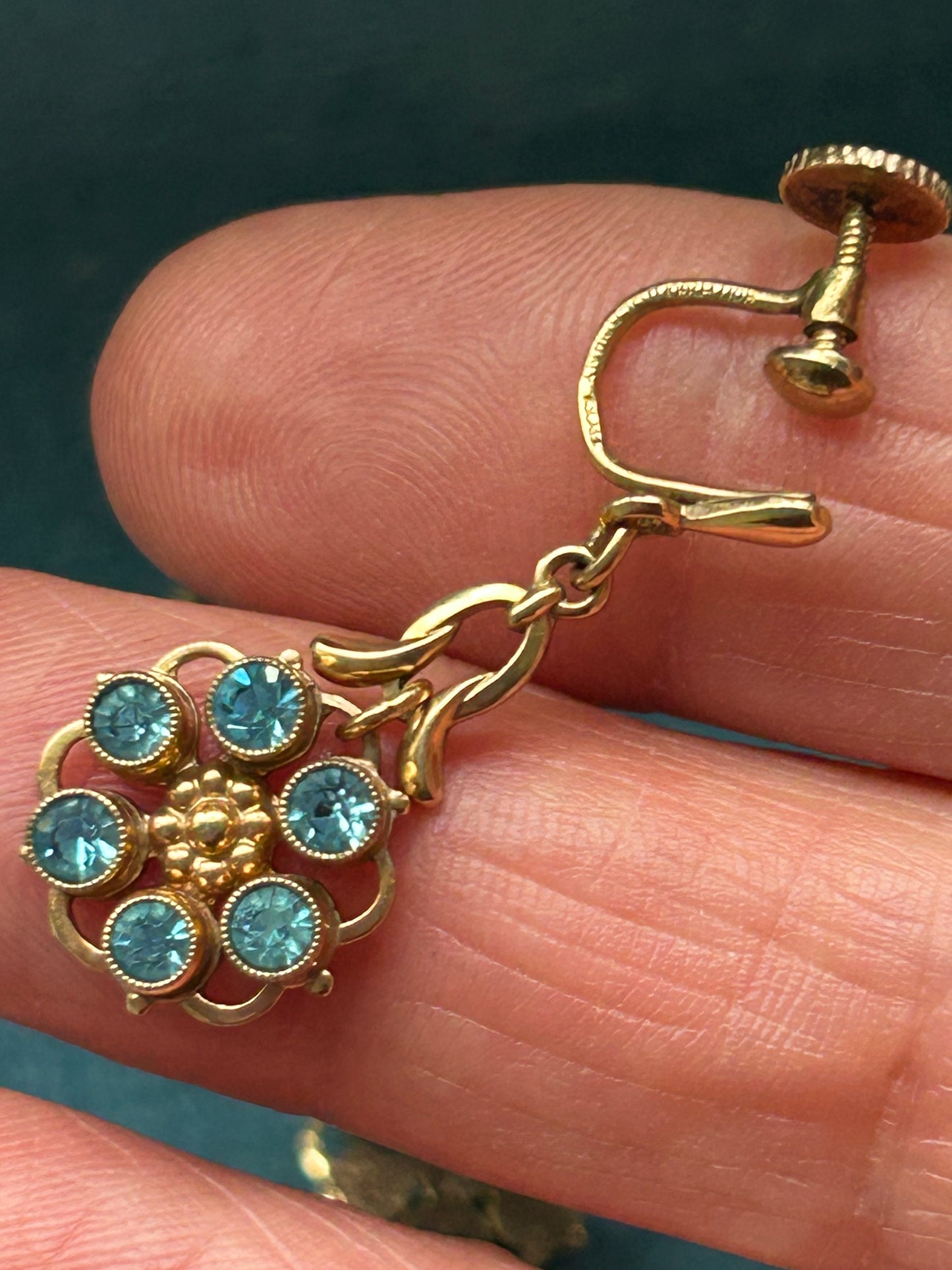 Vintage Rolled Gold Blue Paste Flower Drop Earrings German