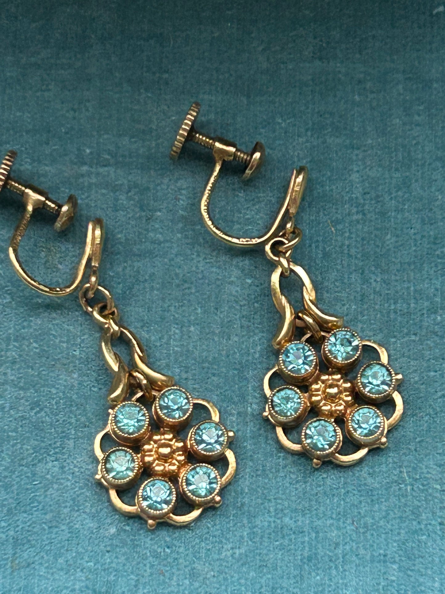 Vintage Rolled Gold Blue Paste Flower Drop Earrings German