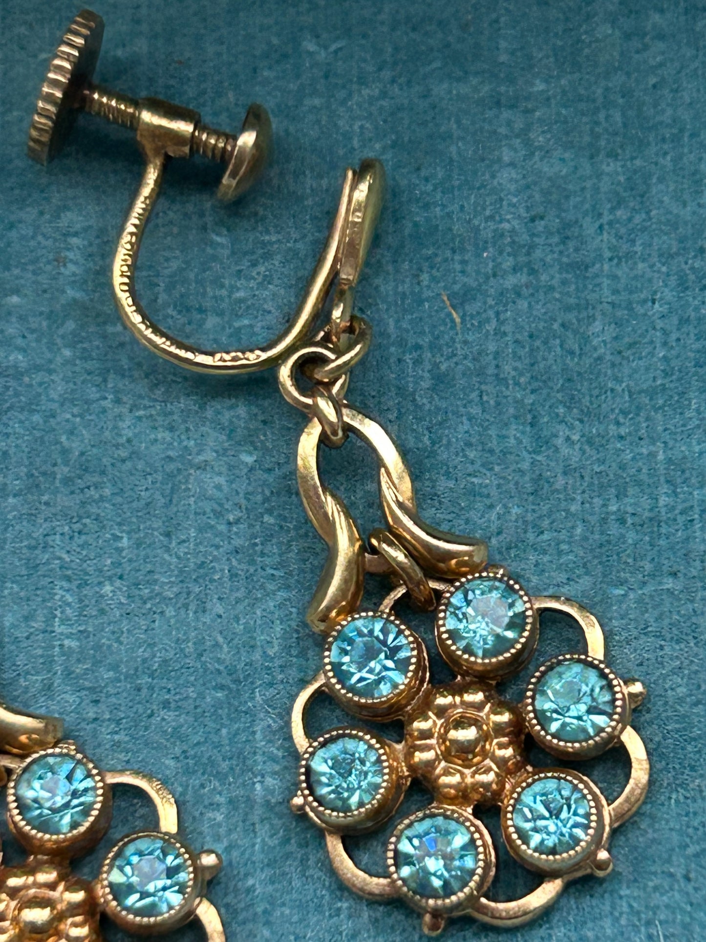 Vintage Rolled Gold Blue Paste Flower Drop Earrings German