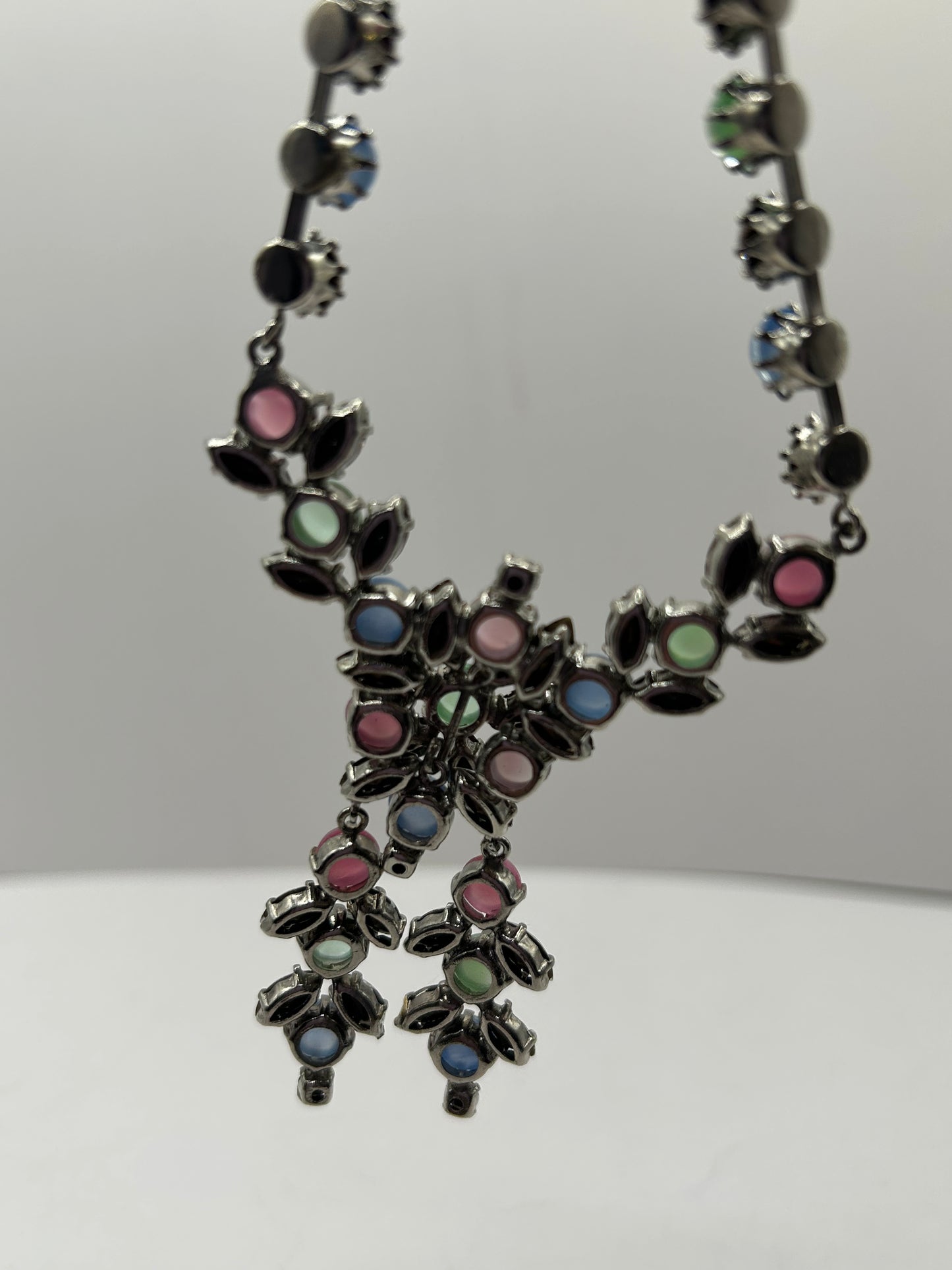 Vintage 1950s Rhinestone Pastel Glass Stone Drop Necklace Roger Jean Pierre.