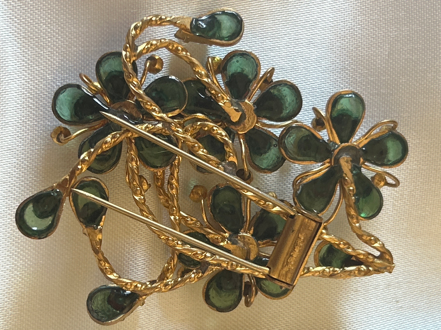 French Gripox Vintage fur clip Signed Depose Crystal Stones Gold Tone. Floral spray