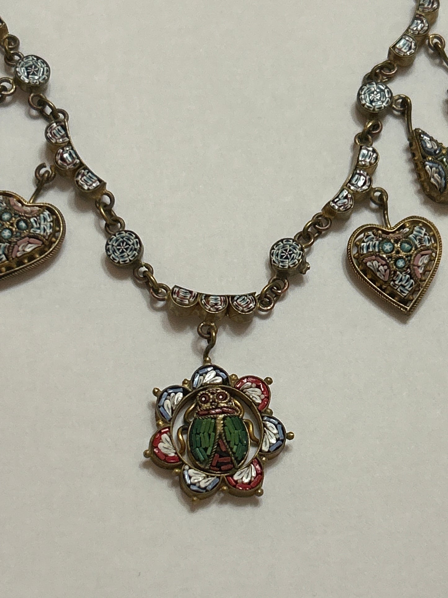 Antique Micromosaic Festoon Necklace With Scarab Beetle Rare