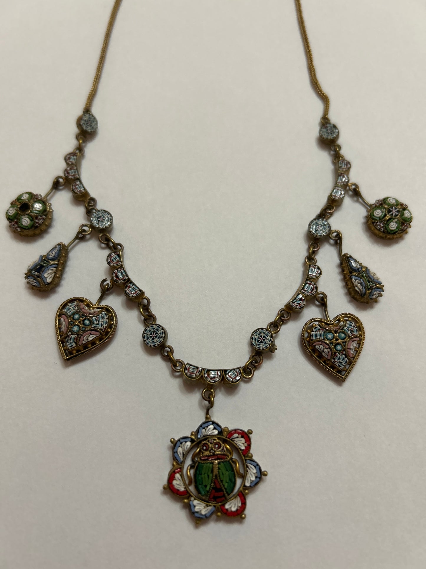 Antique Micromosaic Festoon Necklace With Scarab Beetle Rare