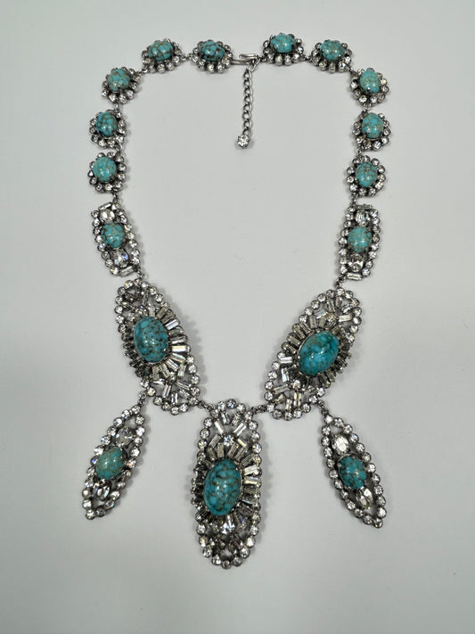 Norman Hartnell signed. Vintage Glass Necklace Rare With Glass Turquoise And Crystals.