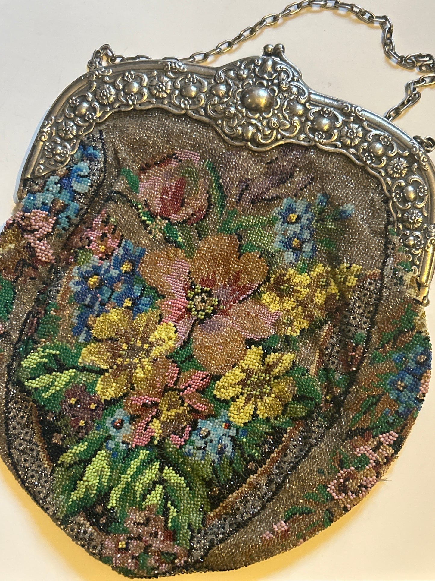 Large Antique Victorian Beaded Handbag With Silver Marked 800 On Frame