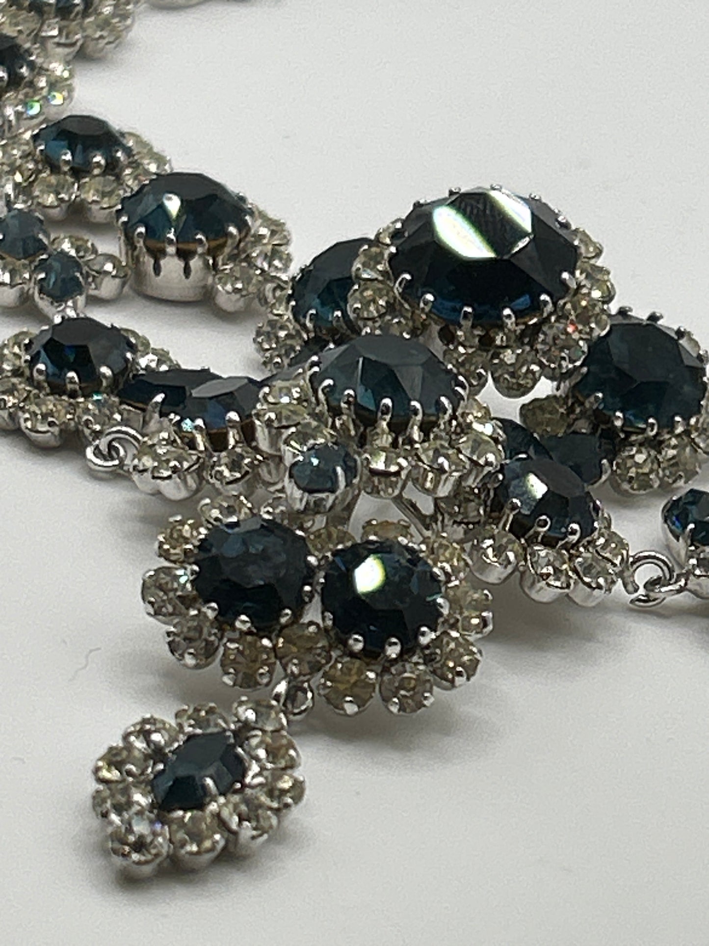Vintage blue sapphire coloured crystal and clear paste stone statement bib necklace.