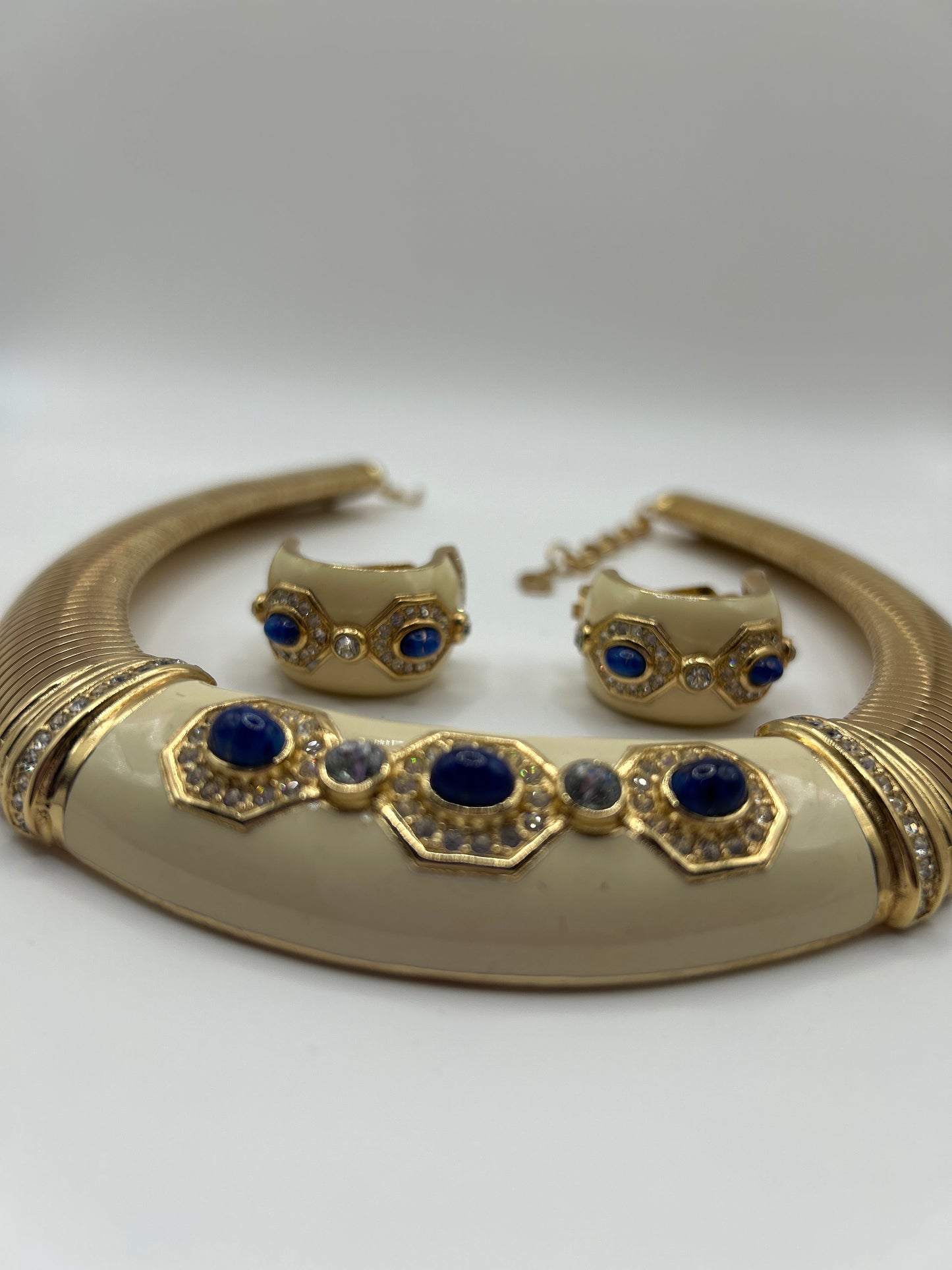 Christian Dior Vintage omega Necklace, Earrings. Cream Enamel and blue cabochons.