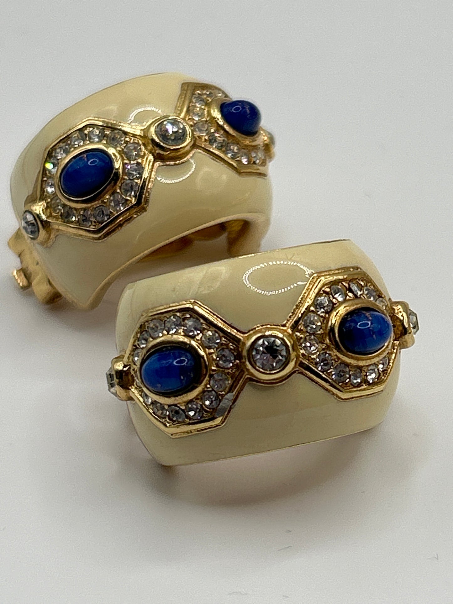 Christian Dior Vintage omega Necklace, Earrings. Cream Enamel and blue cabochons.