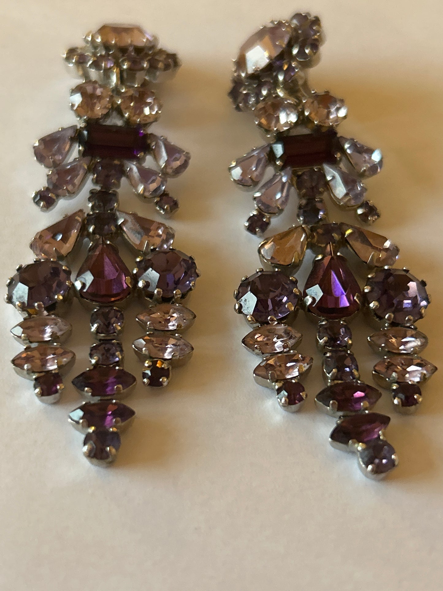 Vintage Signed Austrian Long Paste Lilac And Purple Earrings . Flower Design.