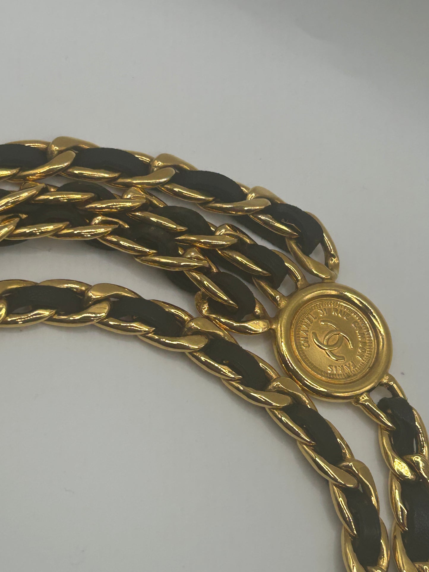 Chanel Vintage Black And Gold Chain Belt Gold Medallions iconic. Autumn 1994