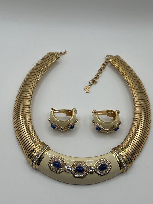 Christian Dior Vintage omega Necklace, Earrings. Cream Enamel and blue cabochons.