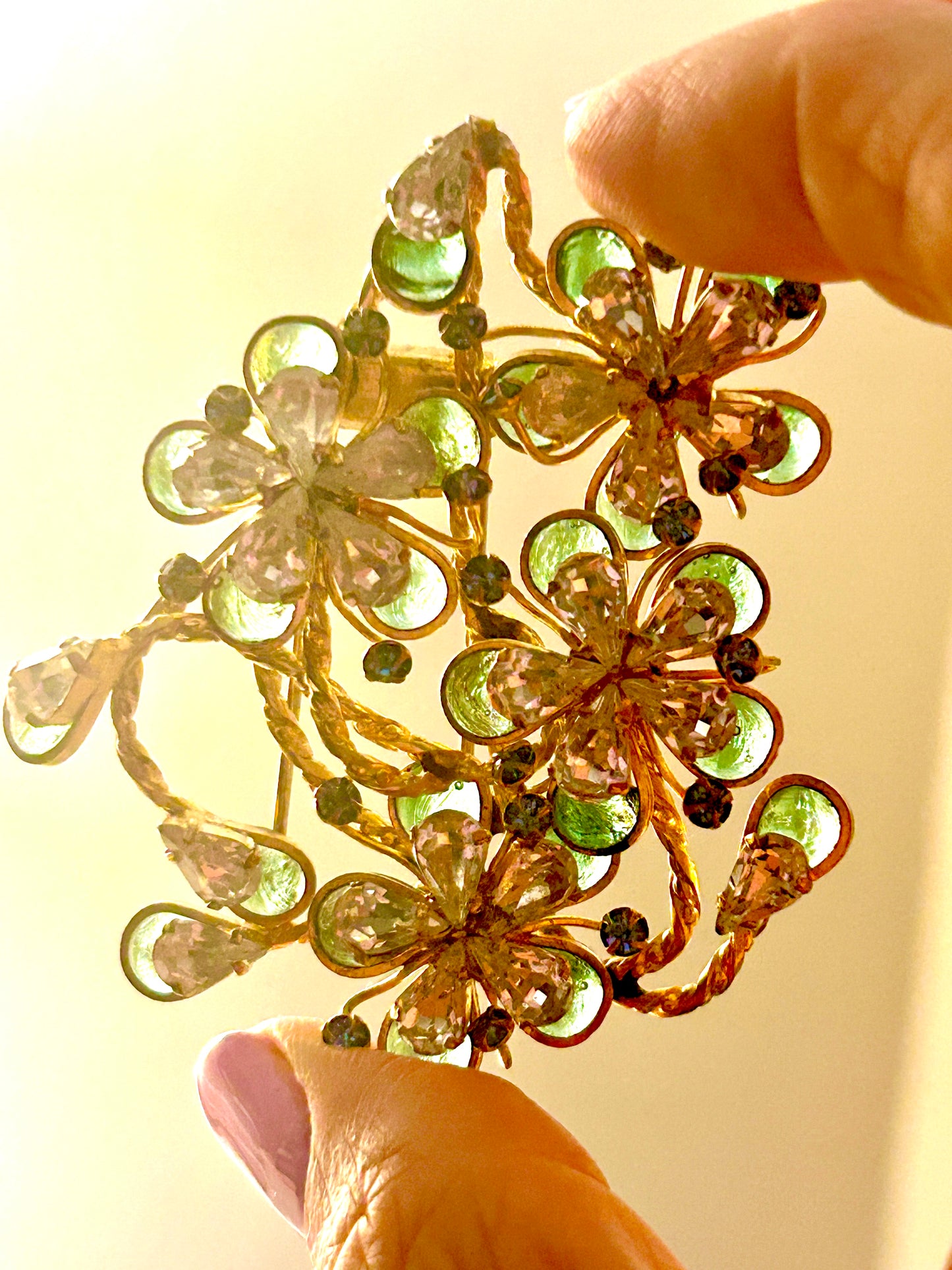 French Gripox Vintage fur clip Signed Depose Crystal Stones Gold Tone. Floral spray