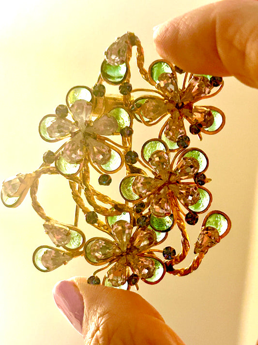 French Gripox Vintage fur clip Signed Depose Crystal Stones Gold Tone. Floral spray
