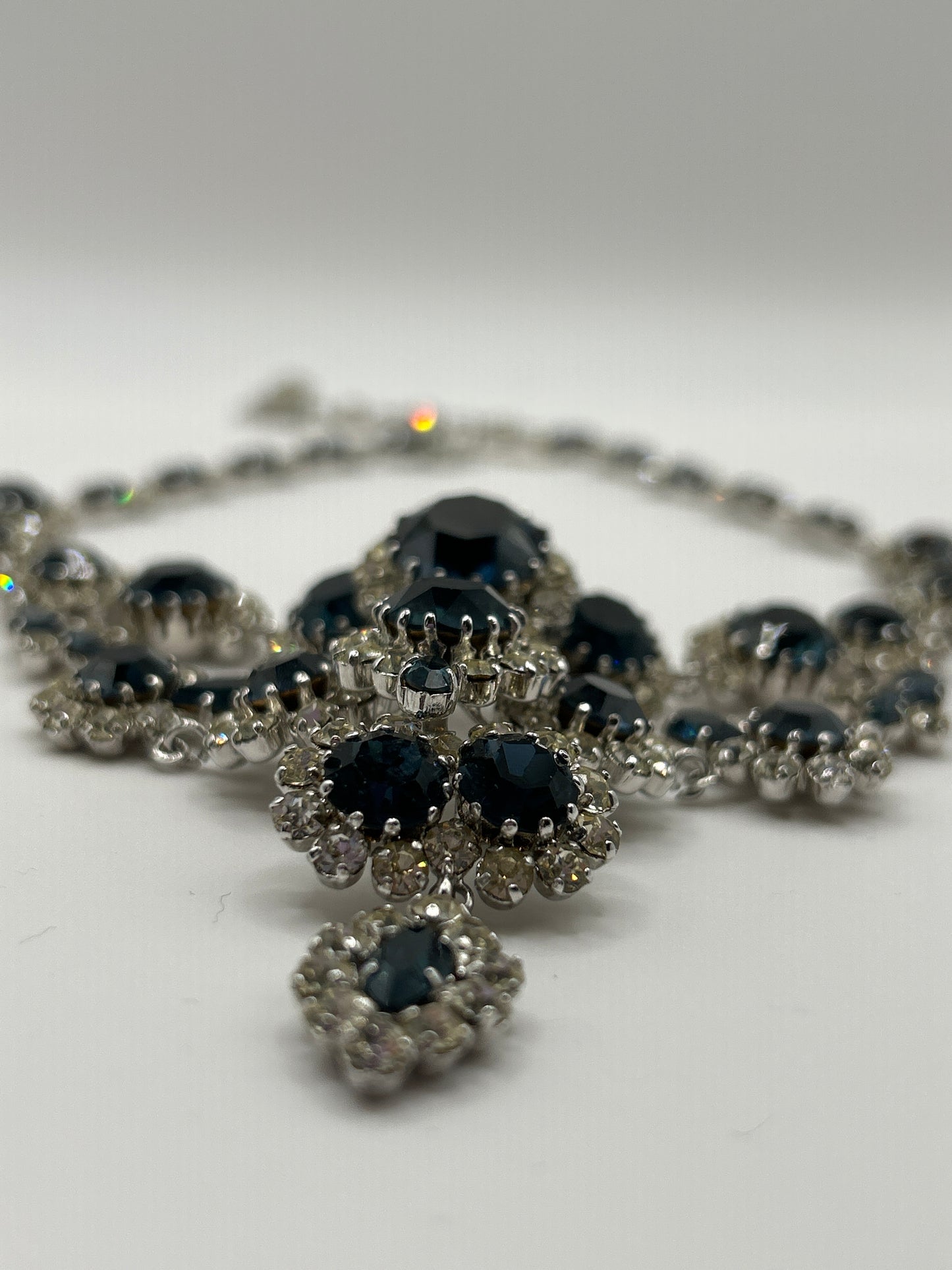 Vintage blue sapphire coloured crystal and clear paste stone statement bib necklace.