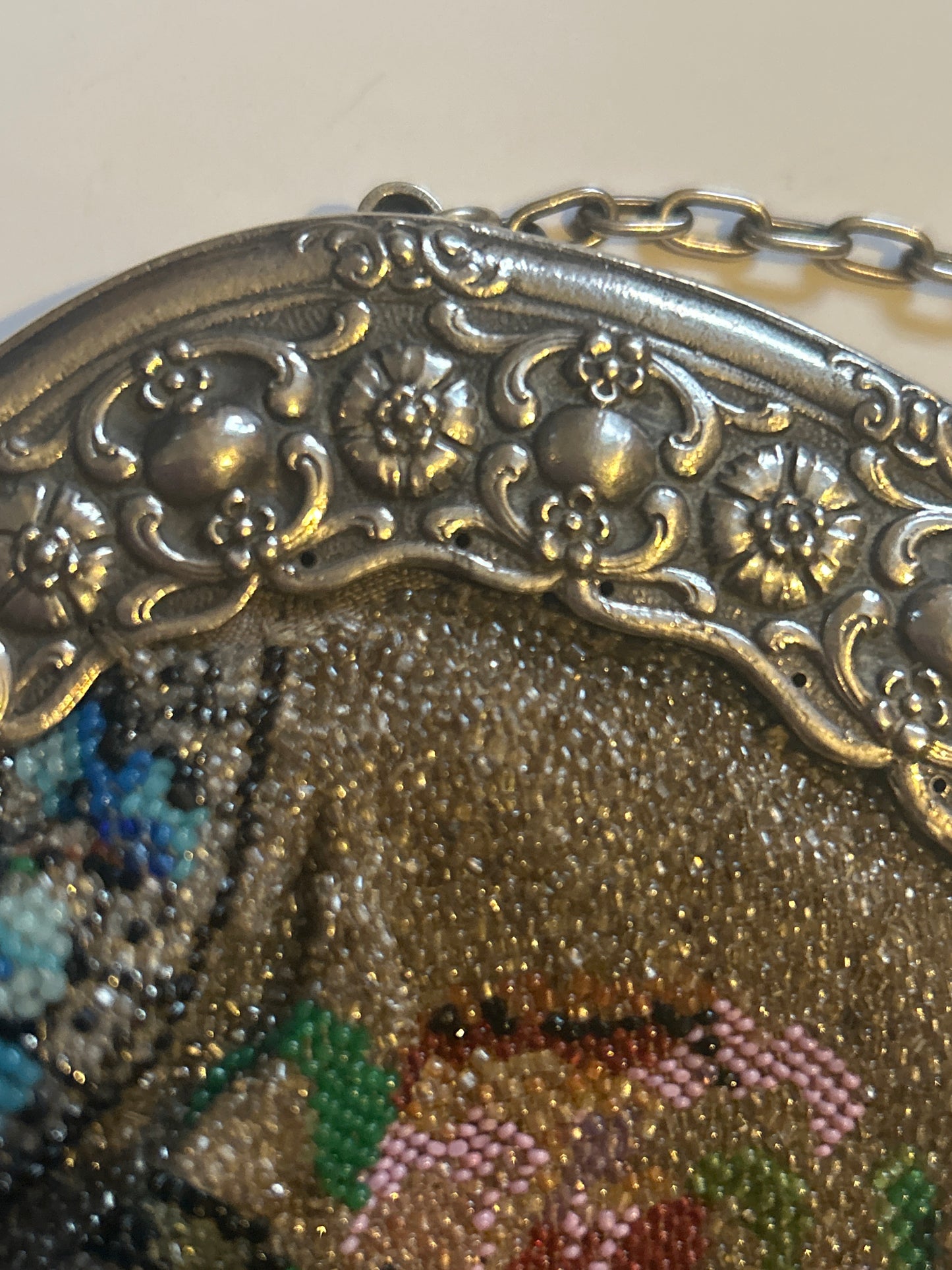 Large Antique Victorian Beaded Handbag With Silver Marked 800 On Frame