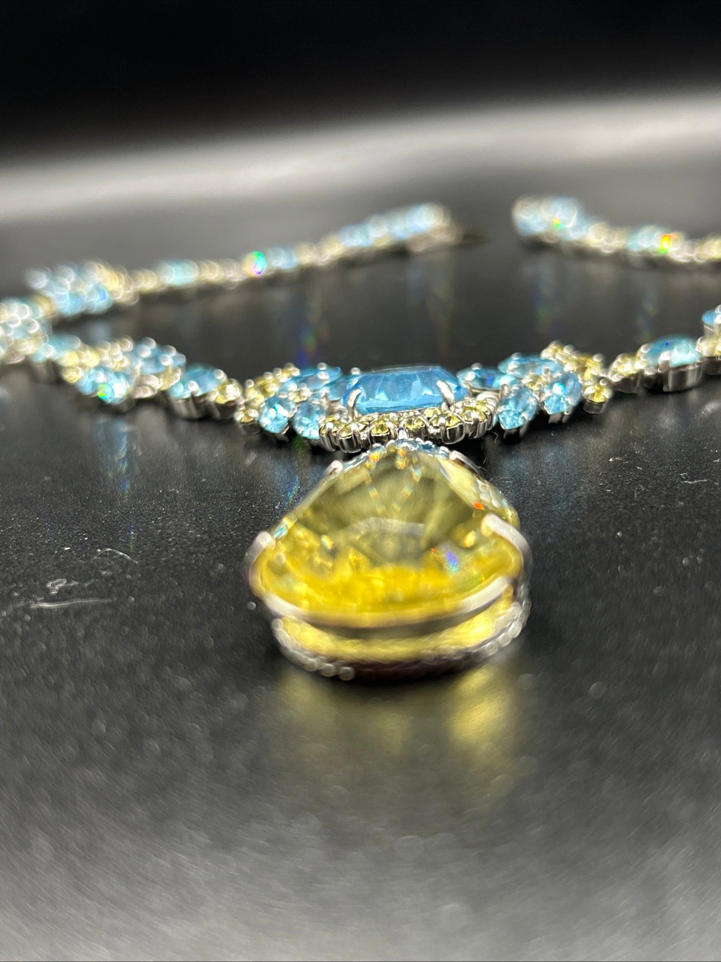 Vintage 1970s Christian Dior Lemon Citrine Paste & Blue Crystal Necklace