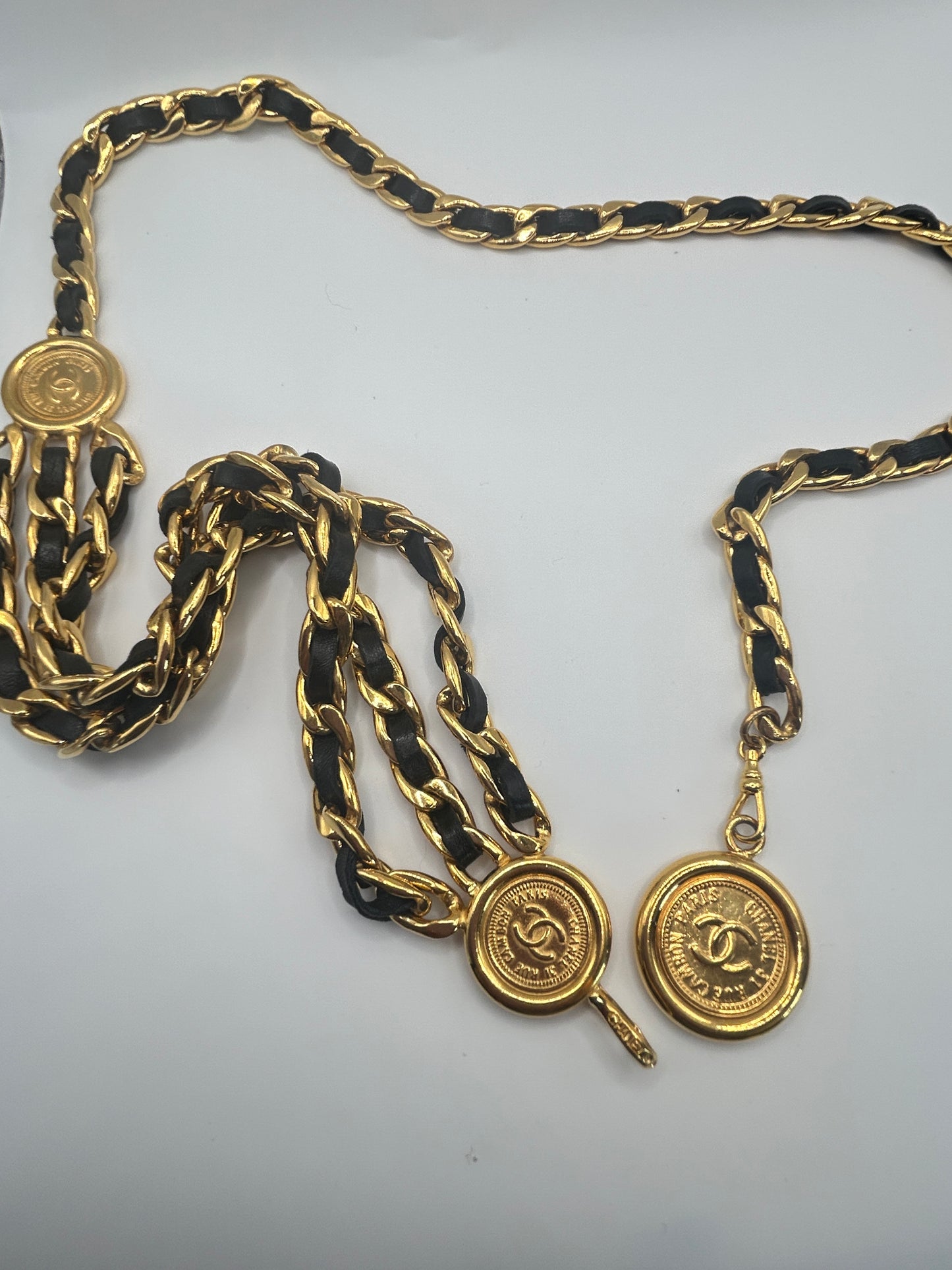 Chanel Vintage Black And Gold Chain Belt Gold Medallions iconic. Autumn 1994