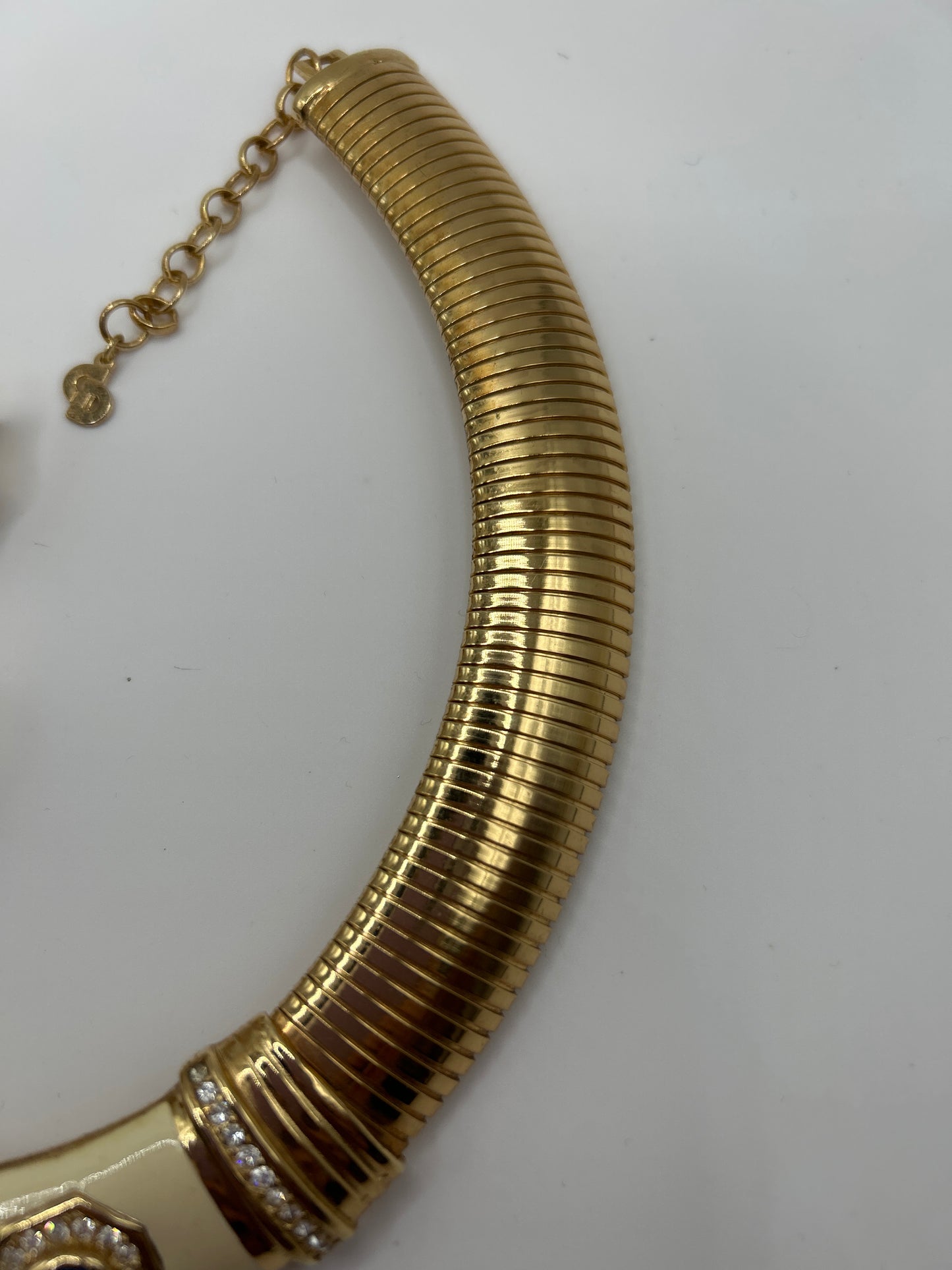 Christian Dior Vintage omega Necklace, Earrings. Cream Enamel and blue cabochons.