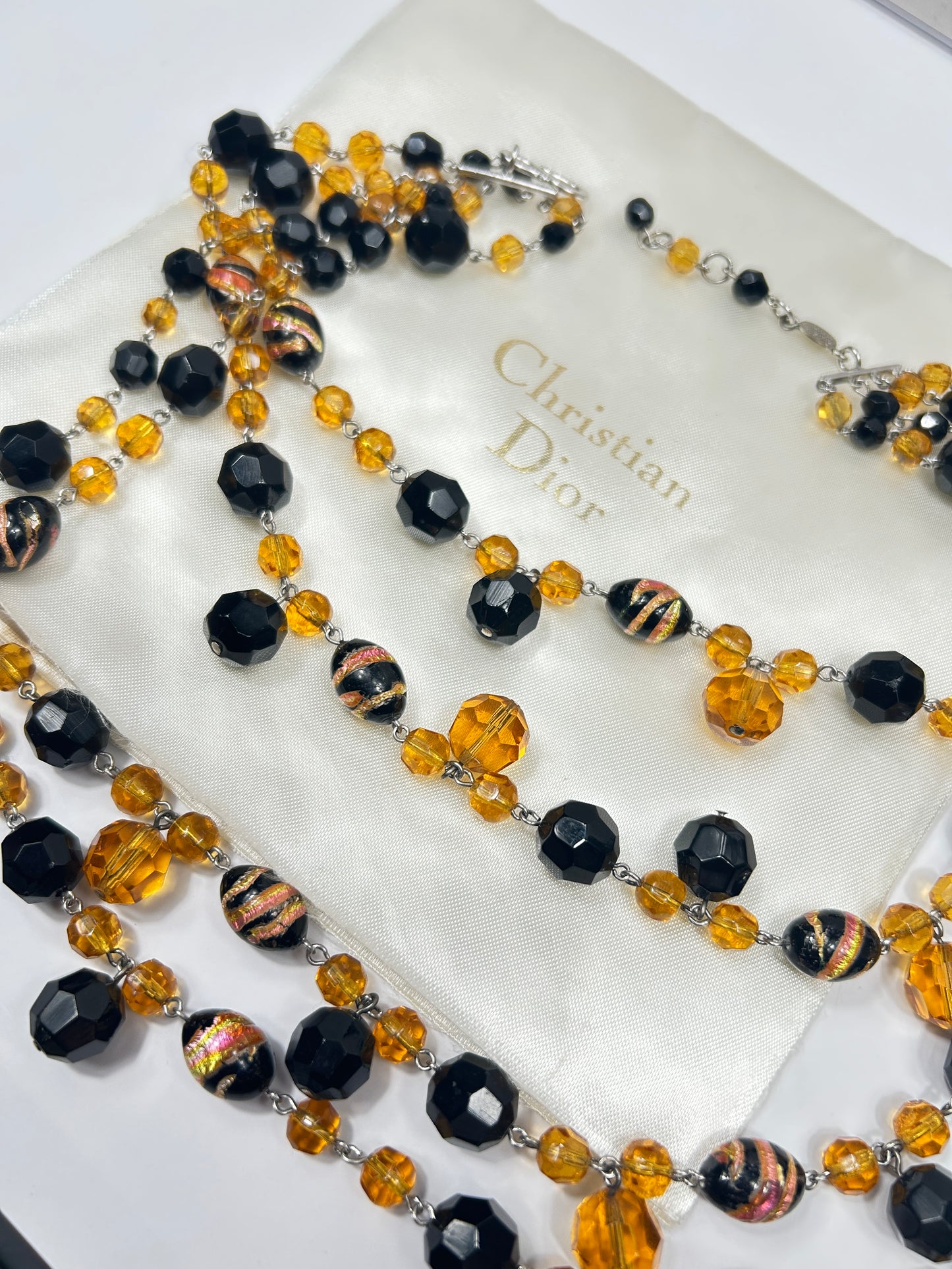 Vintage 1960s Christian Dior Glass Beads Layered Necklace. Amber coloured & Black.