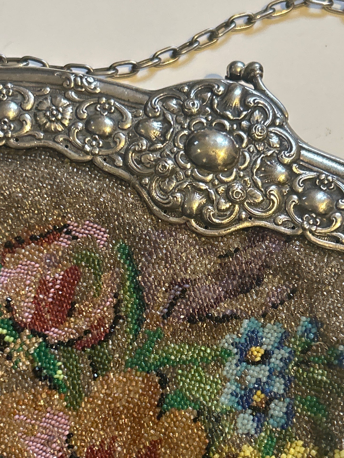 Large Antique Victorian Beaded Handbag With Silver Marked 800 On Frame