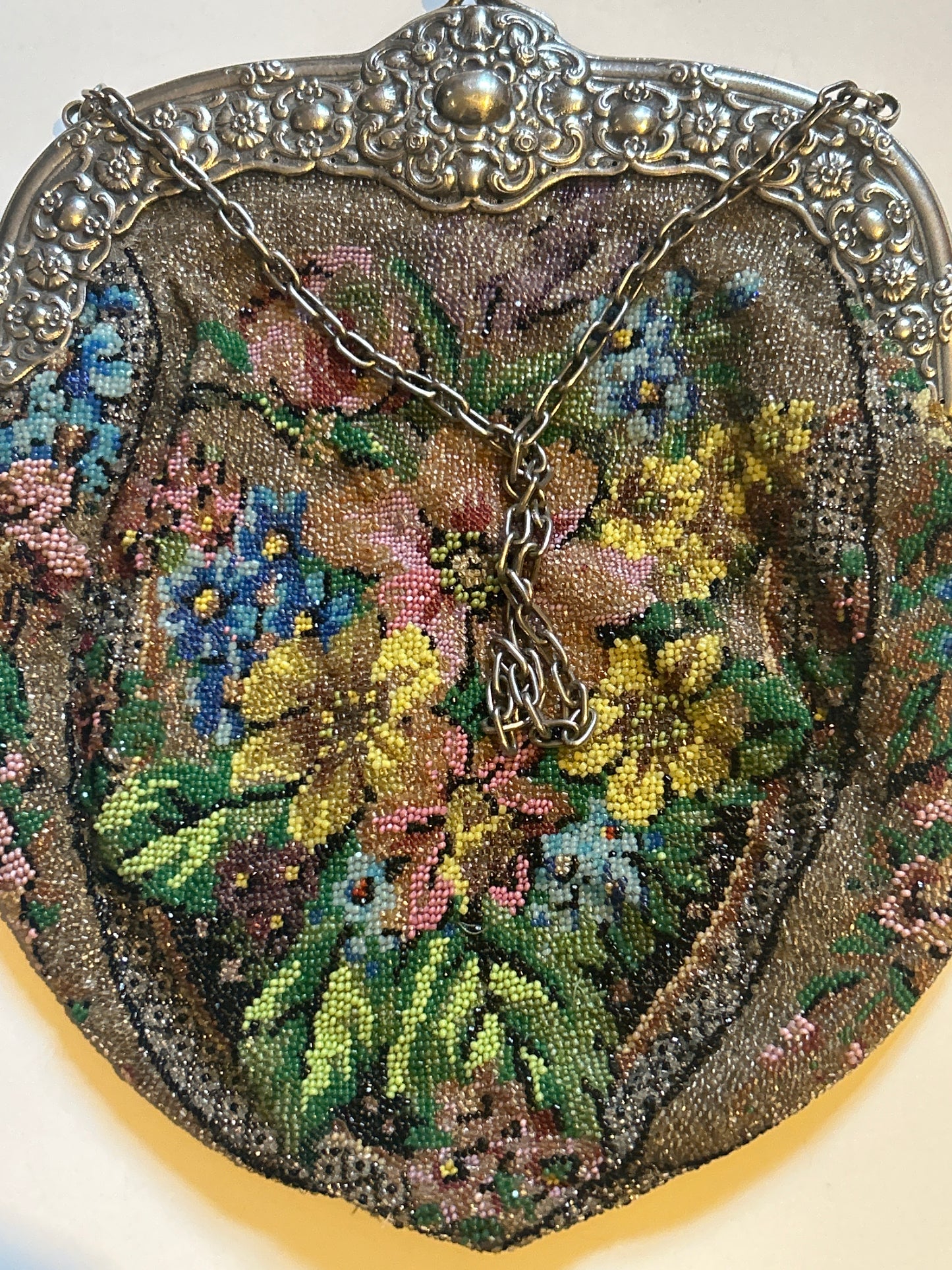 Large Antique Victorian Beaded Handbag With Silver Marked 800 On Frame