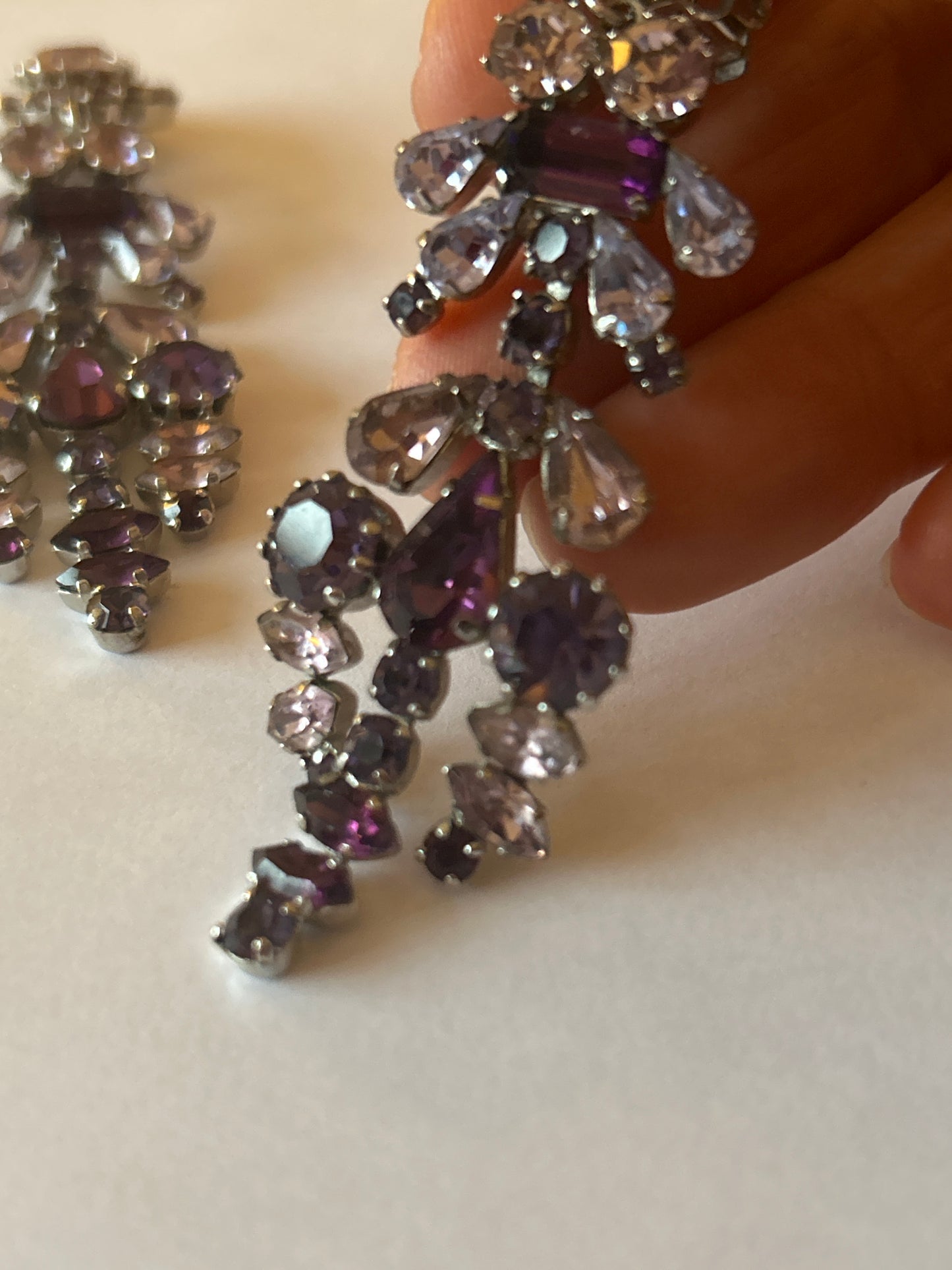 Vintage Signed Austrian Long Paste Lilac And Purple Earrings . Flower Design.