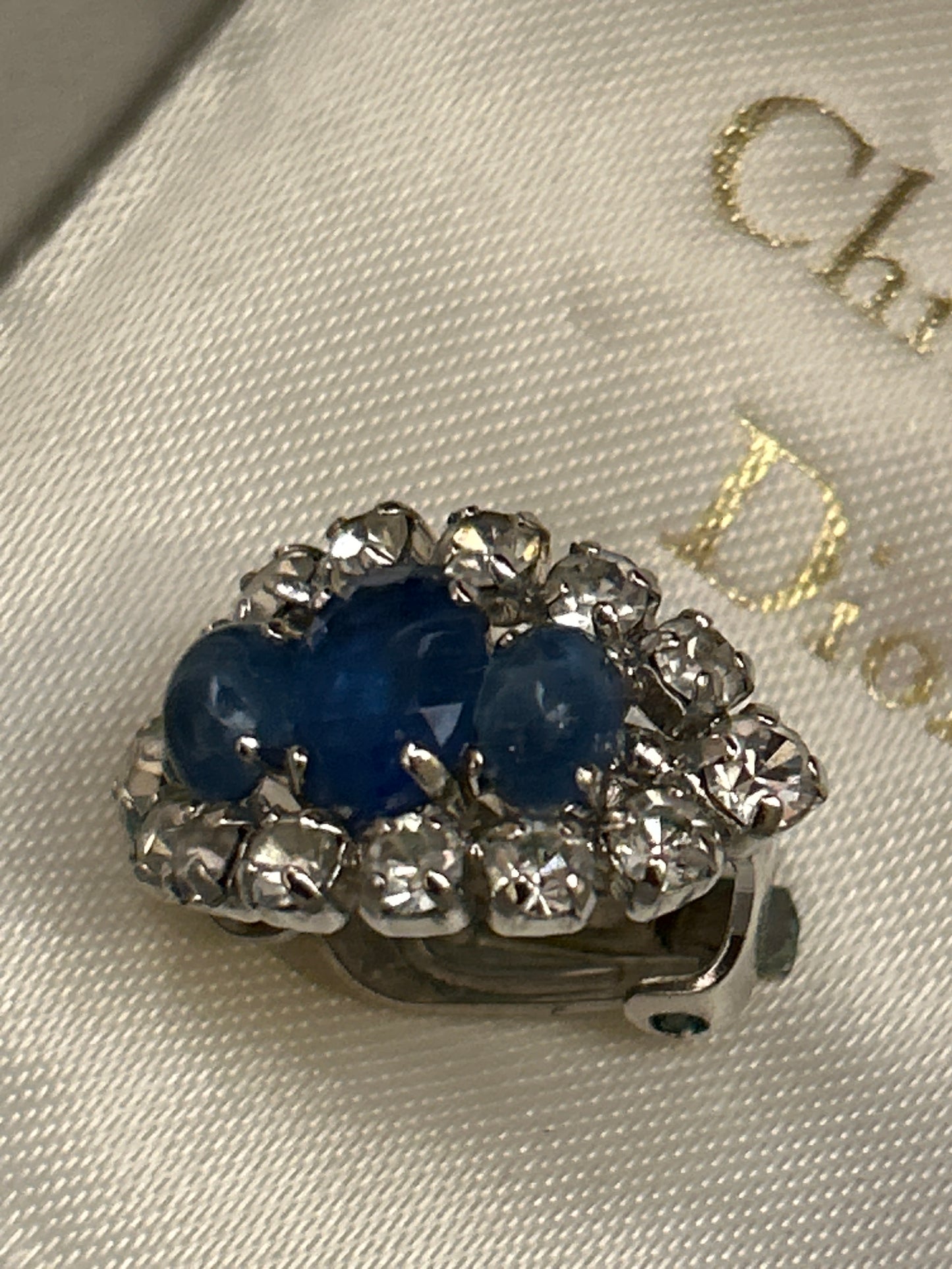 Stunning Blue glass and paste Christian Dior vintage clip on earrings. Dated 1973